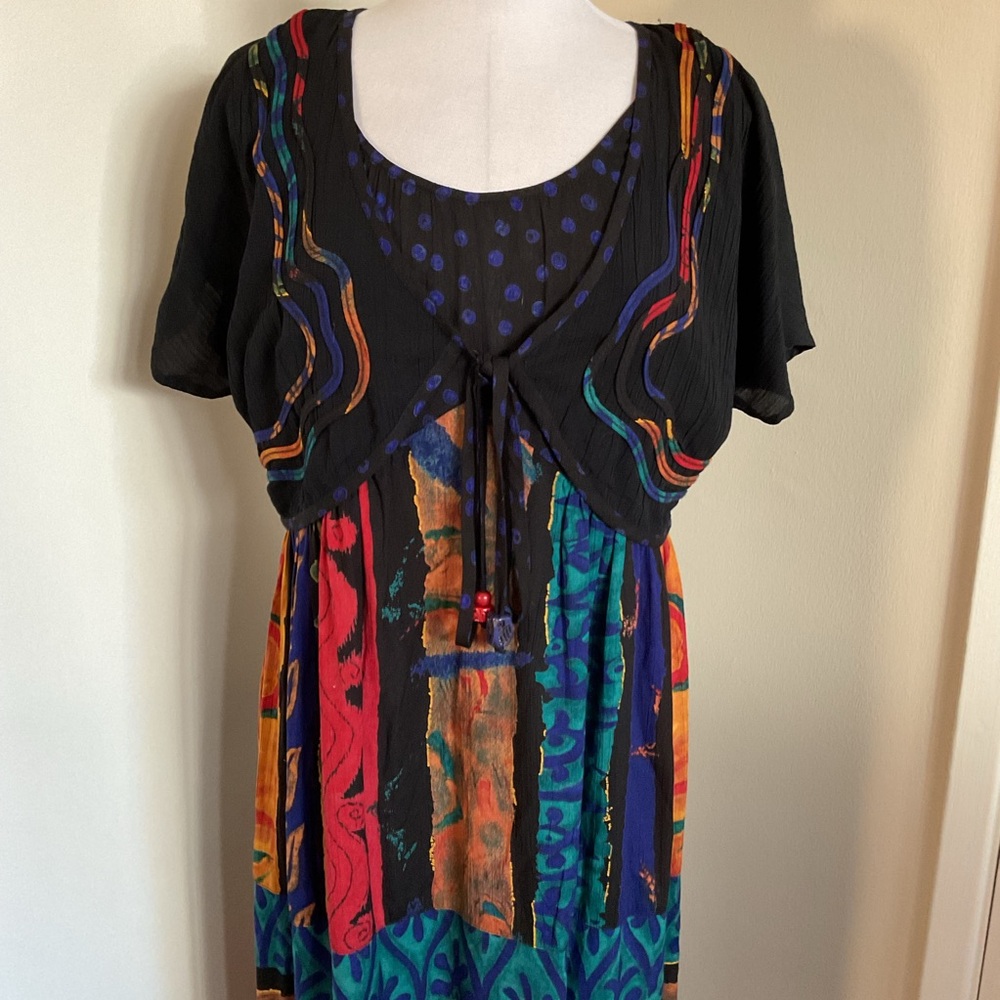 Vintage Carole Little Maxi Dress 8 African Print Attached Bolero Jacket Rayon - Picture 2 of 6